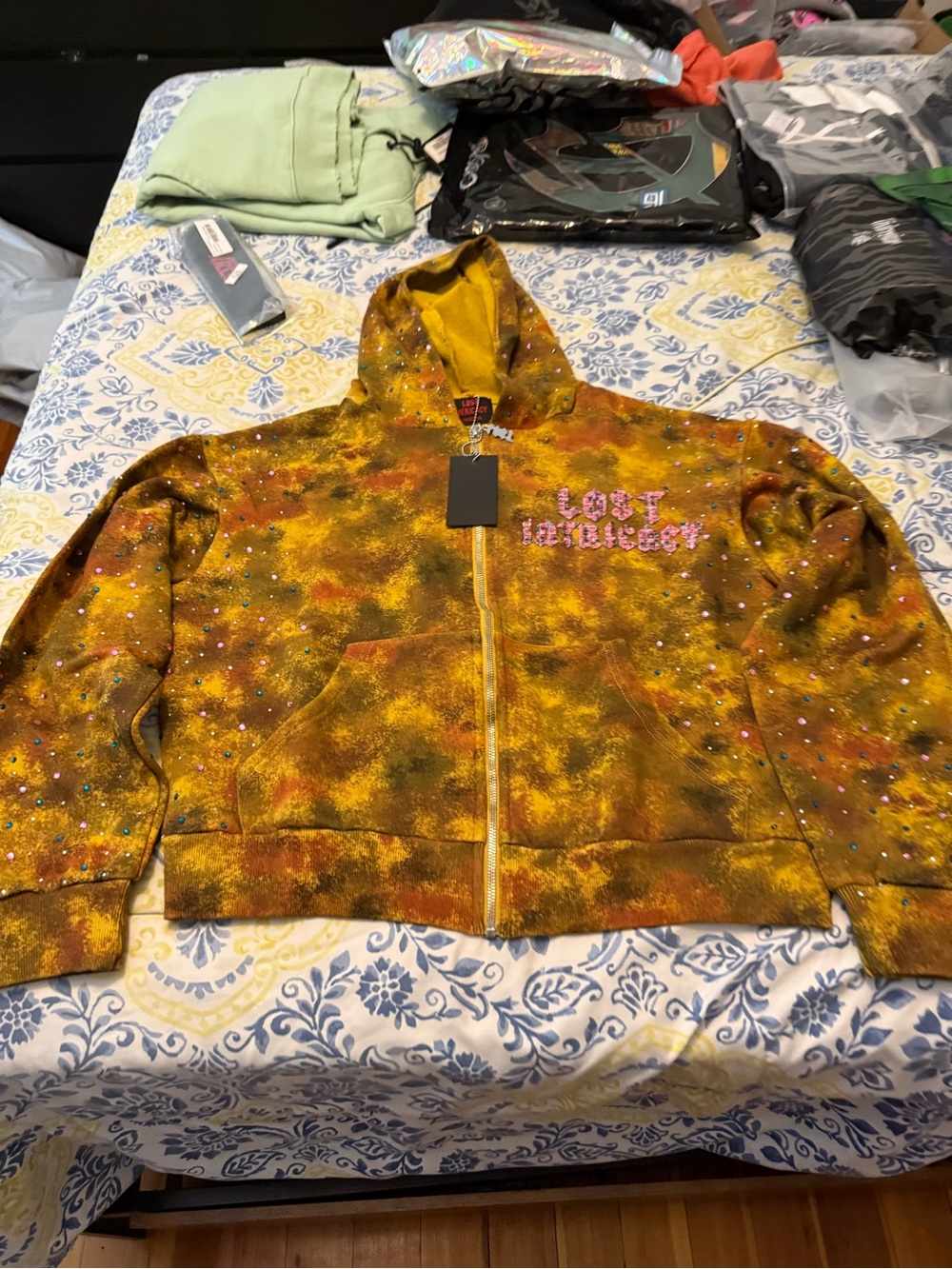 Lost Intricacy Mens Yellow Tie-Dye Rhinestone Zip Hoodie -